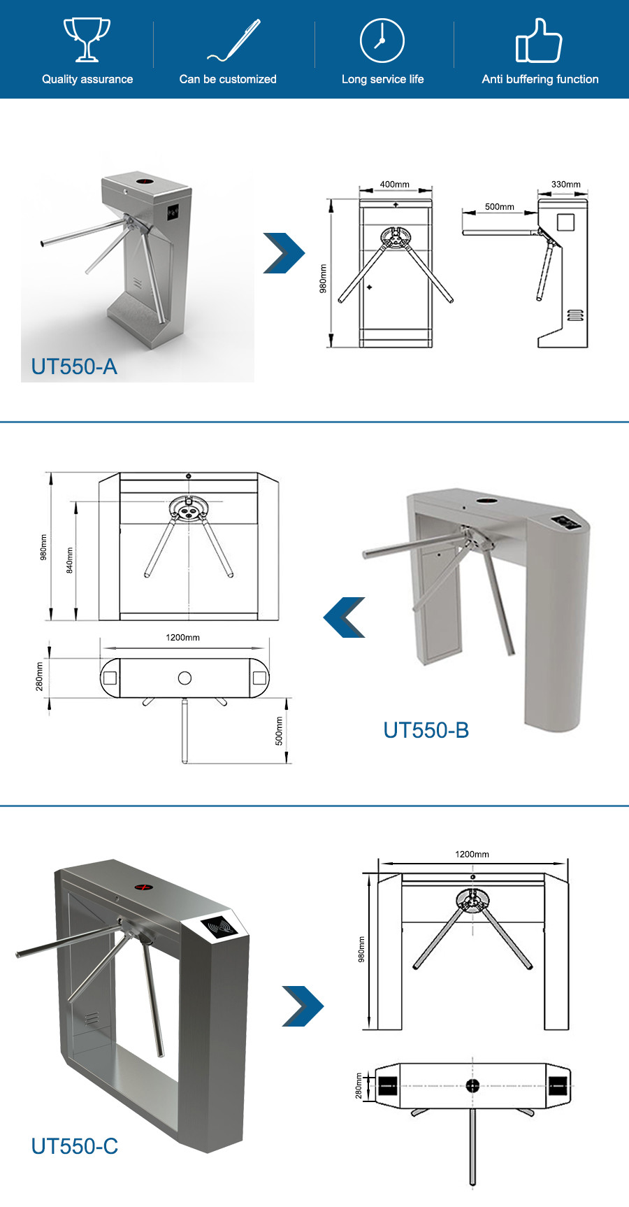 30W Stainless Steel 550mm Lane Turnstile Entrance Gates
