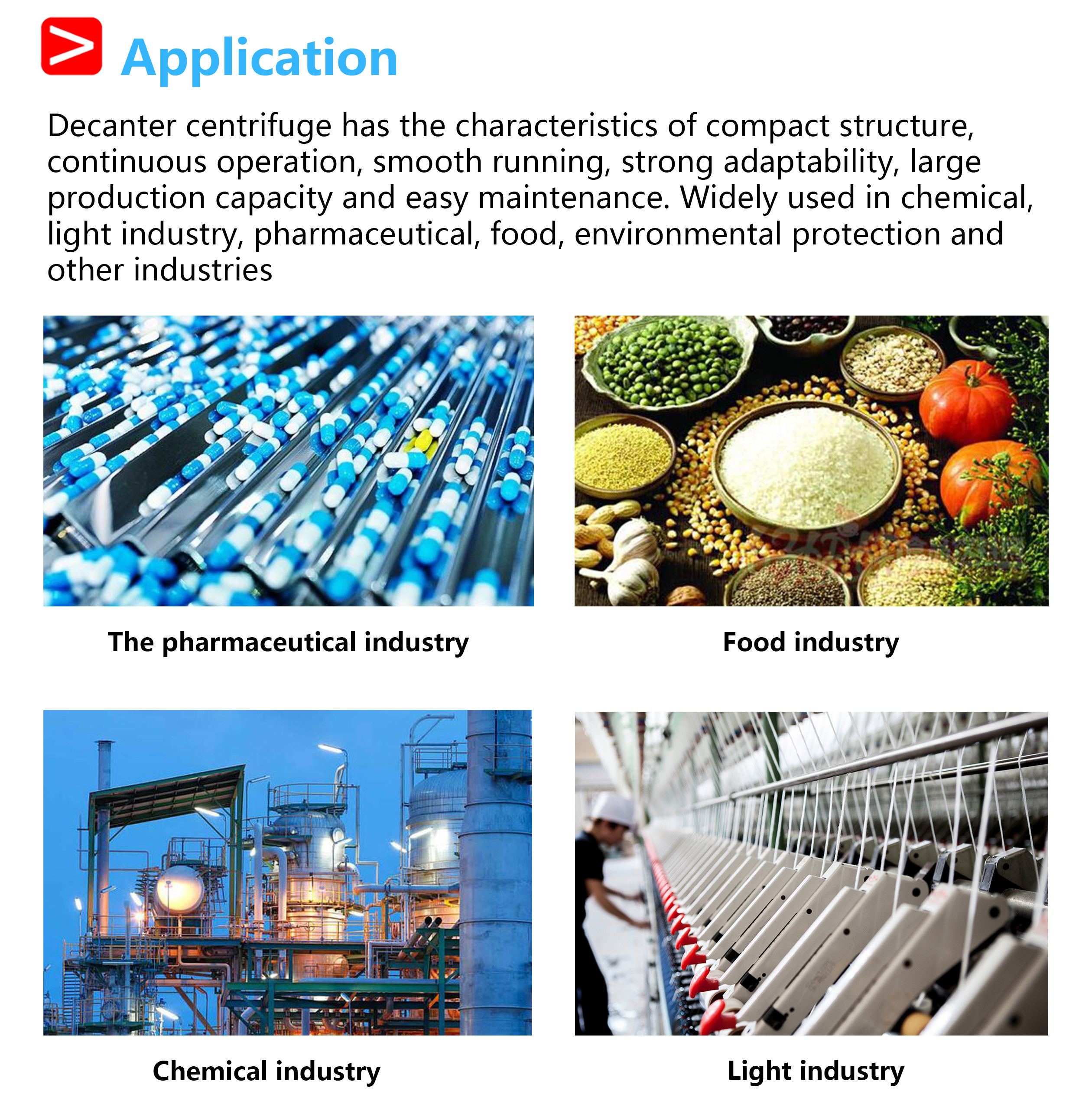 Decanter centrifuge with horizontal bowl for continuous solid-liquid separation in large-scale industrial applications