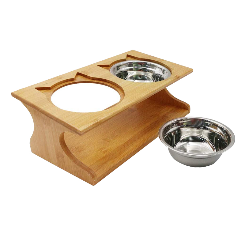 35x17.5x13cm Bamboo Elevated Dog Cat Food Stand Feeder with 2 Stainless Steel Raised Bowls Customer Logo