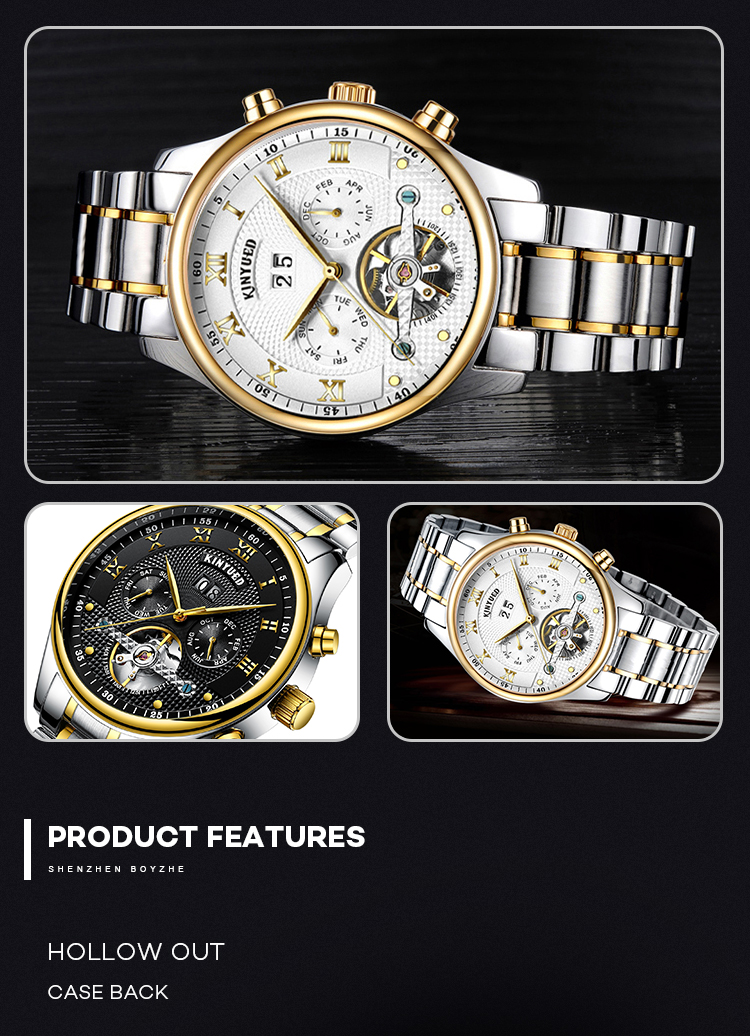 KINYUED Brand Two-Tone Gold Silver Case Automatic Movement Solid Stainless Steel Strap Waterproof Mechanical Men's Watch