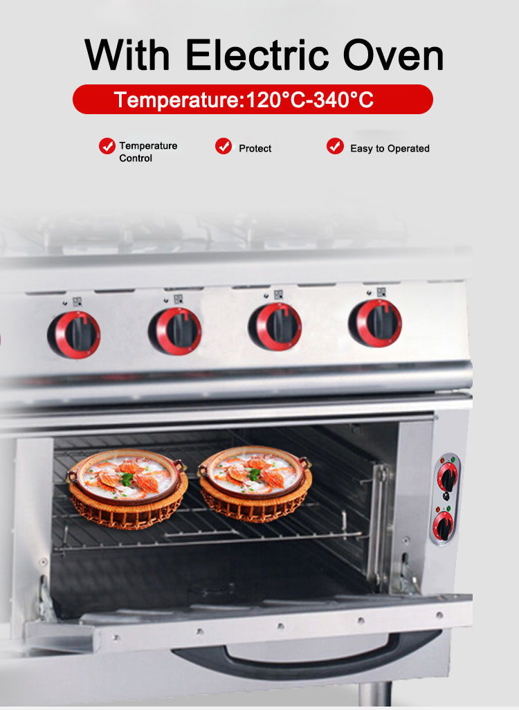 Electric Oven Commercial Gas Range 4 Burners for Restaurant Kitchen 143KG Capacity