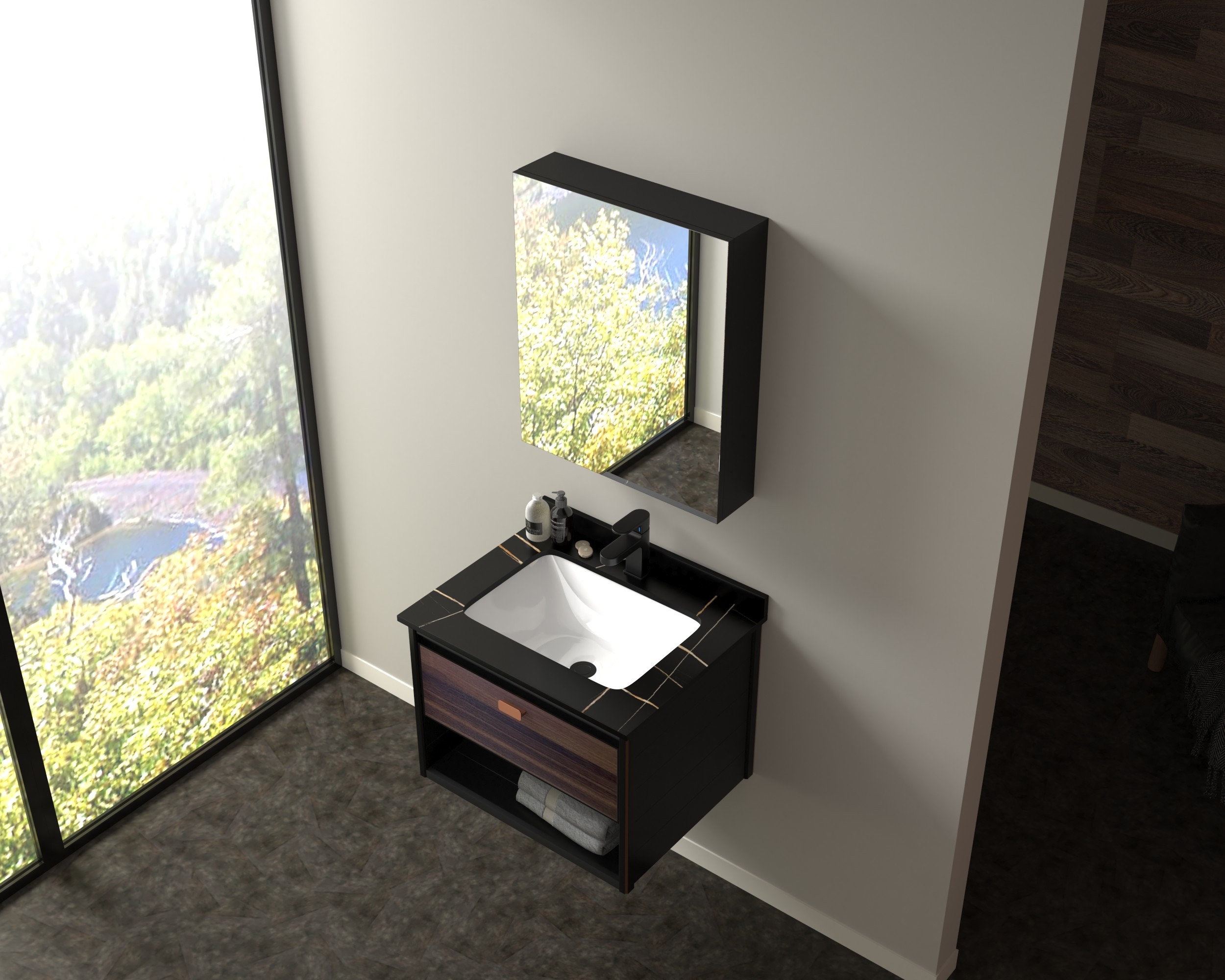 800mm Bathroom Mirror Cabinet Wall Mounted Artificial Marble Countertop