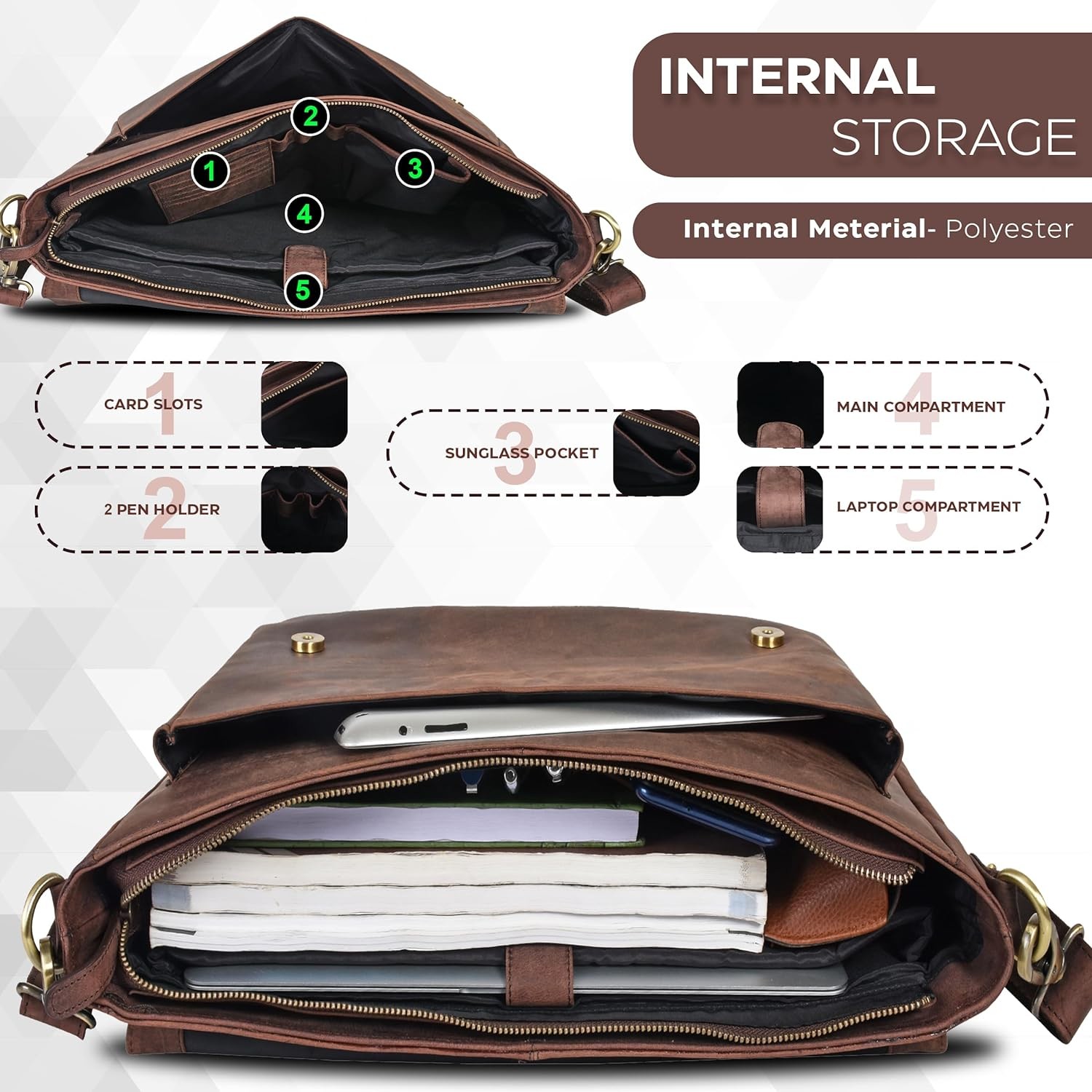 OAK LEATHERS LEATHER MESSENGER BAG FOR MEN AND WOMEN - LAPTOP BRIEFCASE BAG FOR COLLEGE, OFFICE, ADJUSTABLE SHOULDER
