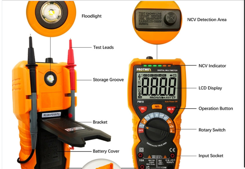 Auto Range Digital Multimeter With 6000 Counts True RMS , Non-Slip Design