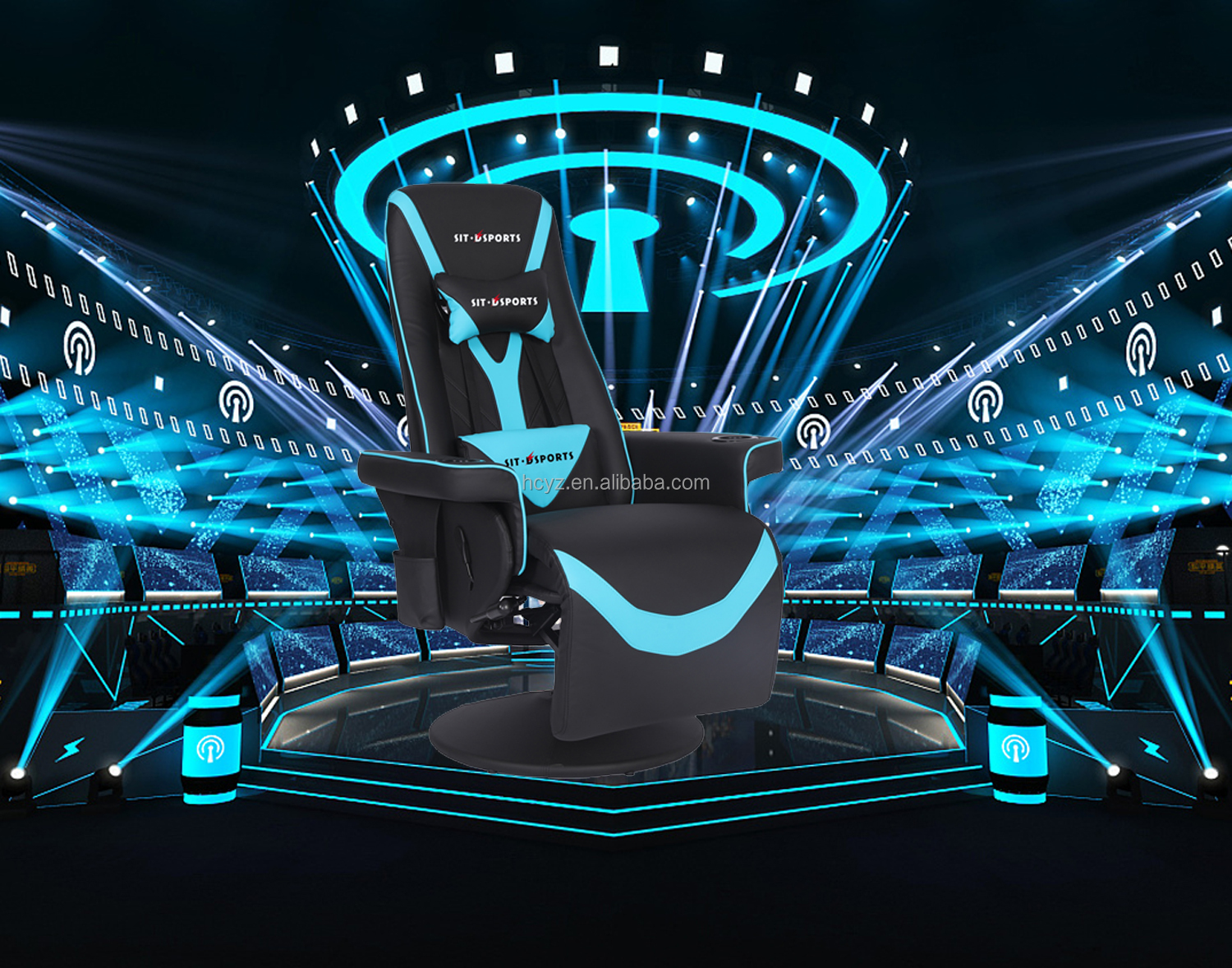 Luxury Black/Blue Racing Style Gaming Sofa with Cup Holder LED Lighting and Footrest