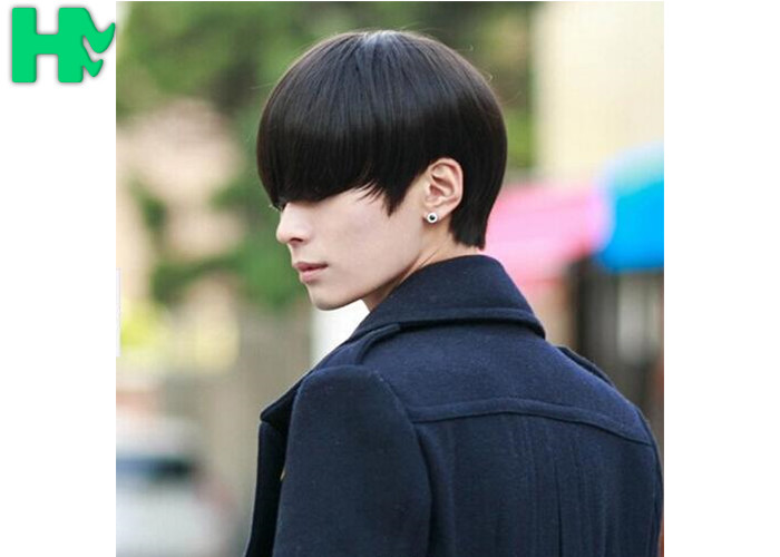 Black Color Mens Synthetic Hair Wig With High Temperature , No Shedding No Tangle