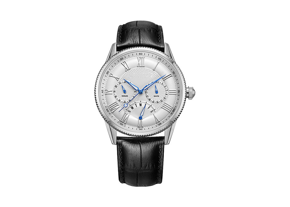 Genuine Leather Quartz Stainless Steel Watch 5ATM Waterproof 43mm Case Size