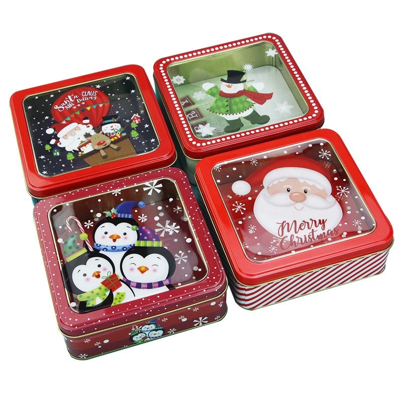 Wholesale Popcorn Tins Square Tin Box with PVC Window Printed Holiday Boston Tins
