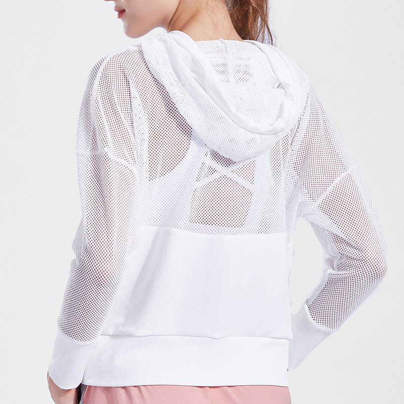 Polyester Spandex Women Fashion Sportswear Transparent Mesh Workout Shirt With Pocket