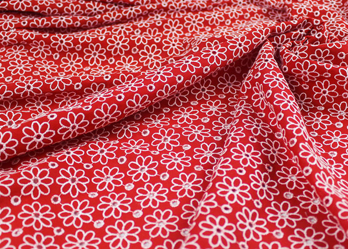 Eyelet Chiffon Polyester Red Stretch Lace Fabric , Colored Flower Lace Dress Fabric
