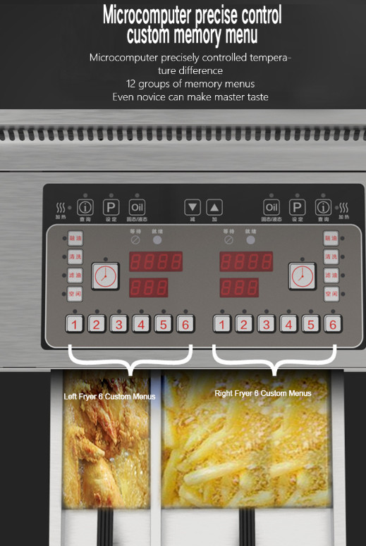 electric two pots 3 baskets 21.5L+11.6L with oil filter system chips open deep fryer