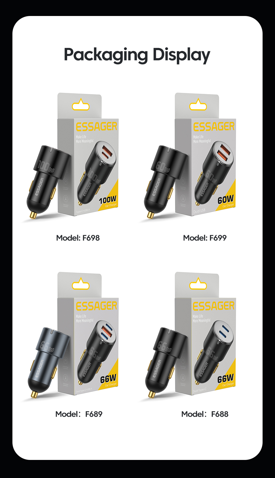 Type C USB A Car Chargers Black 60W 66W Essager 2022 City F699 F689 F688 F698