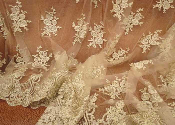 Vintage Corded Floral Gold Bridal Lace Fabric , Embroidered Net Lace Fabric For Gown