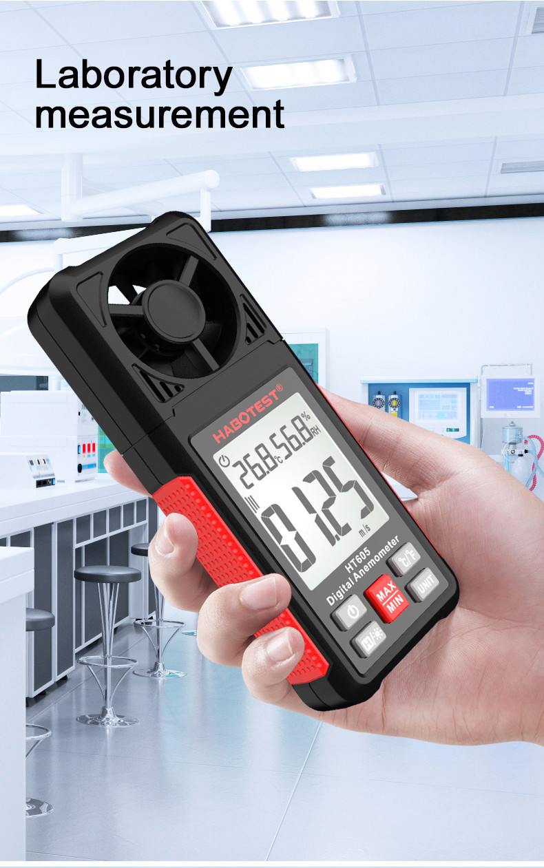 Data Hold Function HT605 Portable Digital Anemometer with Air Velocity Range 0.7-30m/s and Temperature Humidity Meter
