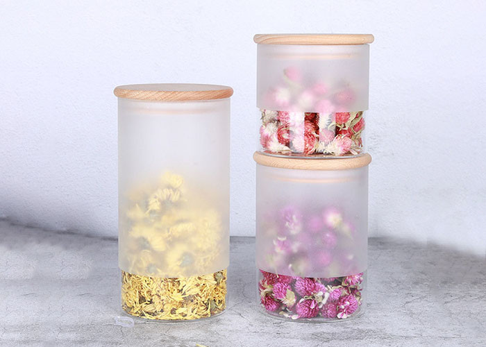 Yf0903 Frosted Glass Jar For Food / Glass Storage Jar With Bamboo Lid