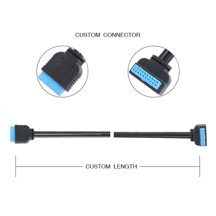 Black PVC Jacket USB3.0 IDC 20P TO IDC 20P 90 Degree Downward Bend Height 16mm
