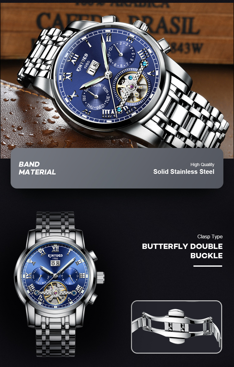 KINYUED Distinctive Style Tourbillon Automatic Movement Watches Waterproof Luminous Business OEM Wristwatches