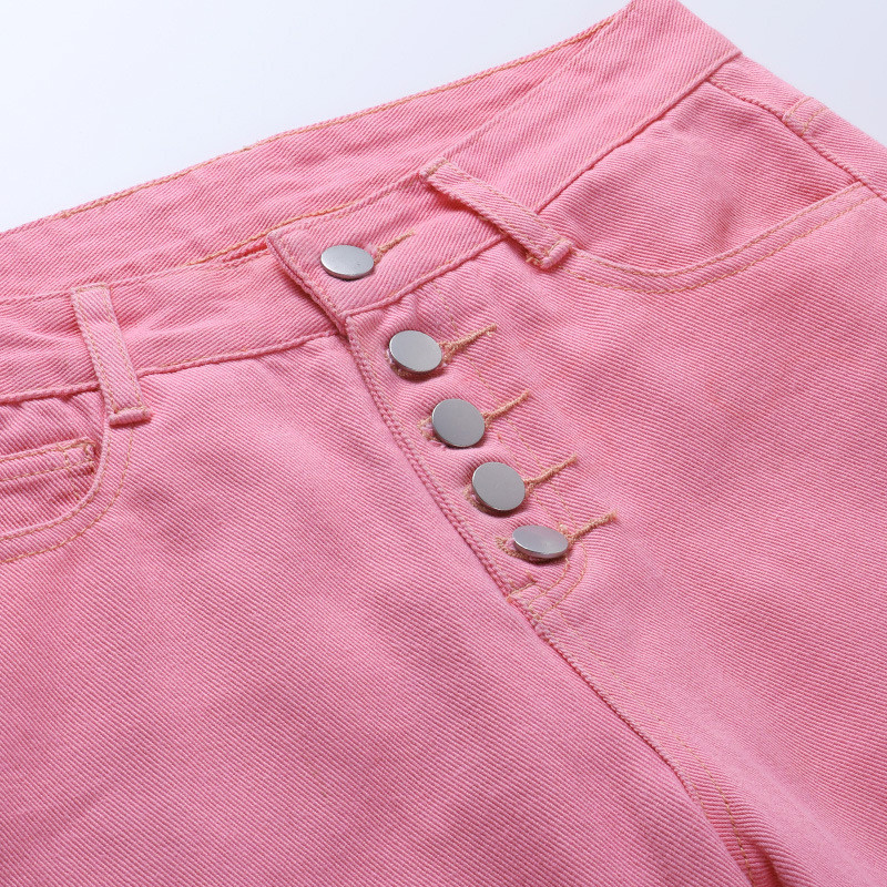 Pink Ripped High Waist Straight Wide Leg Jeans Women