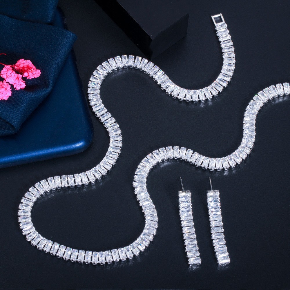 White Gold Color Luxury Bridal CZ Crystal Necklace Dark White Crystal CZ Necklace Earring Silver Wedding Jewelry Sets