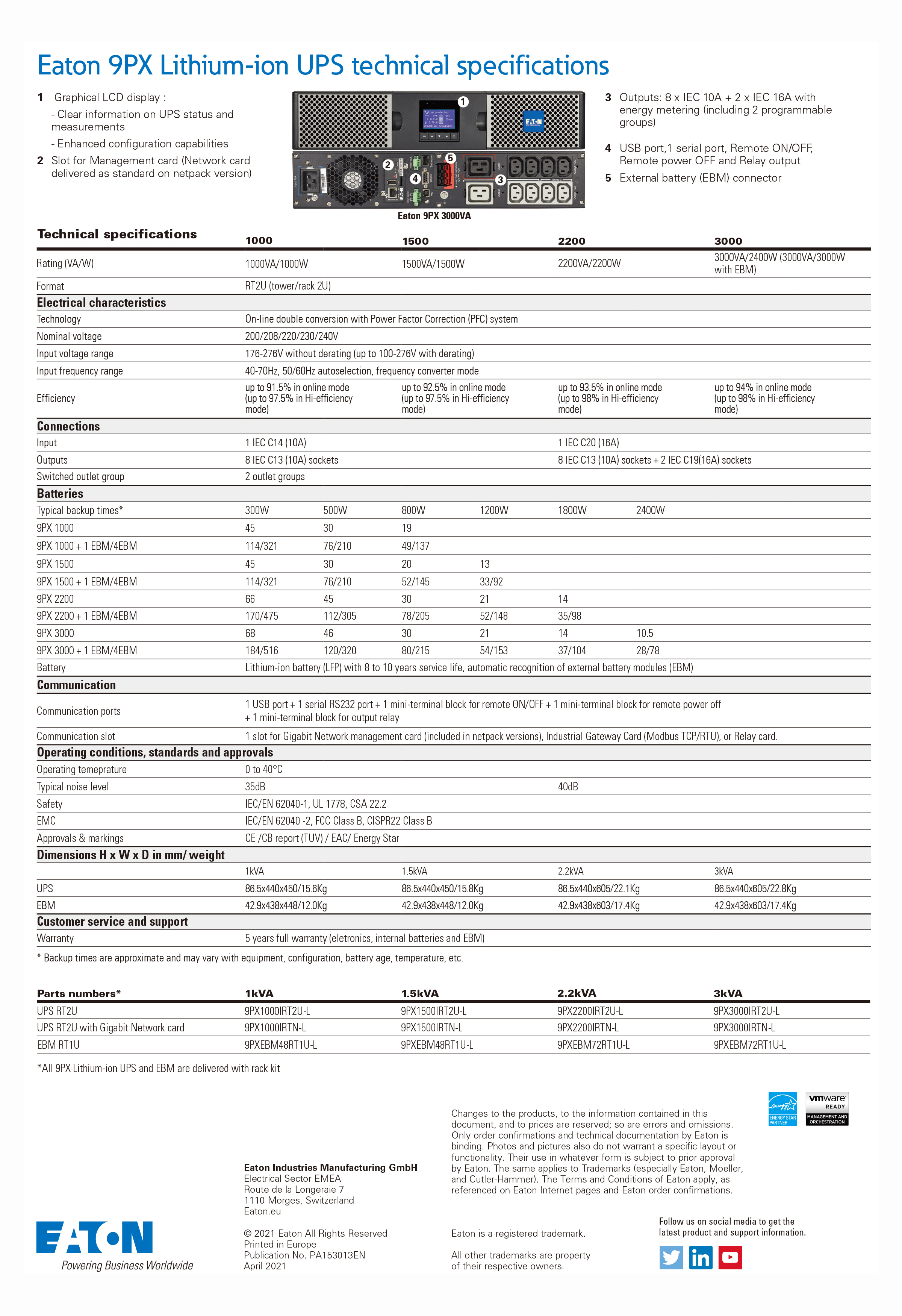Telecommunications Eaton 9PX Lithium Online Single Phase UPS 1KW 1.5KW 2.2KW 3KW