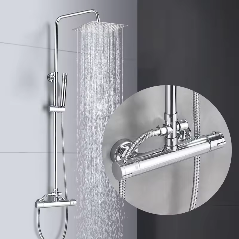 Exposed Shower Faucet without Slide Bar Wall Mounted Brass Tap and Rainfall Shower Set