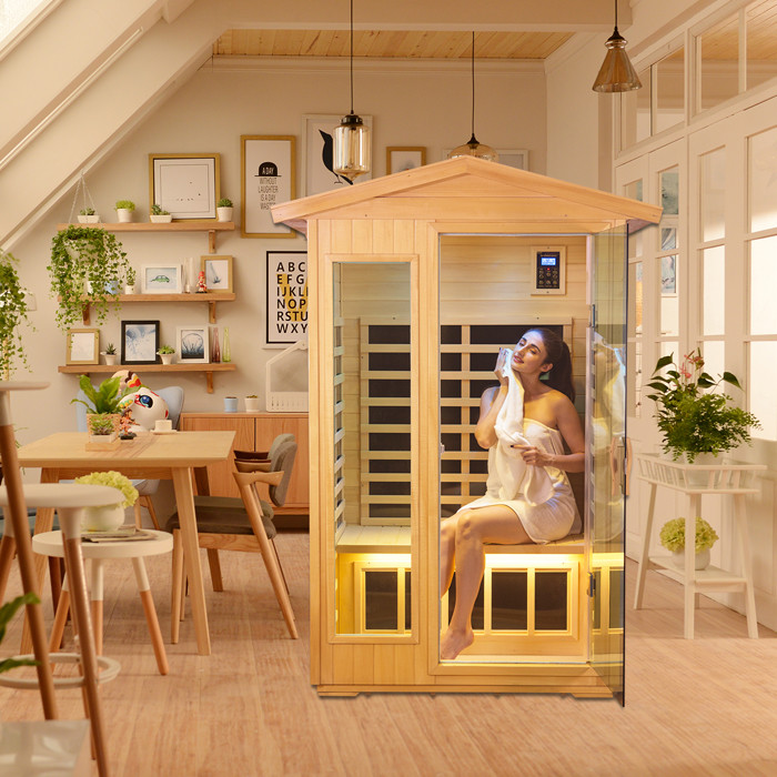 Solid Wood Infrared Sauna Room 2 Person Outdoor Steam Room For Wellness