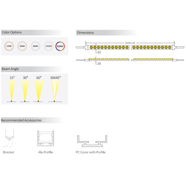 2210 Wall Wash LED Strip Mono / CCT / RGB / RGBW / SPI / DMX 15° 30° 60° 30x45° IP67