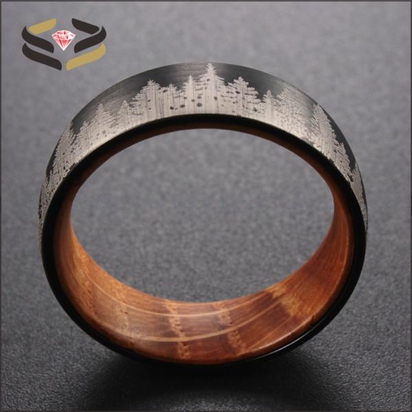 Black Forest Mountain Men'S Tungsten Wedding Band Diamond Shape 8mm With Whiskey Barrel Wood Liner