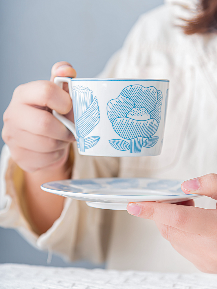 Garden Party Ceramic Tea Cup Set With Hand Painted Art And Saucer In Nordic Style