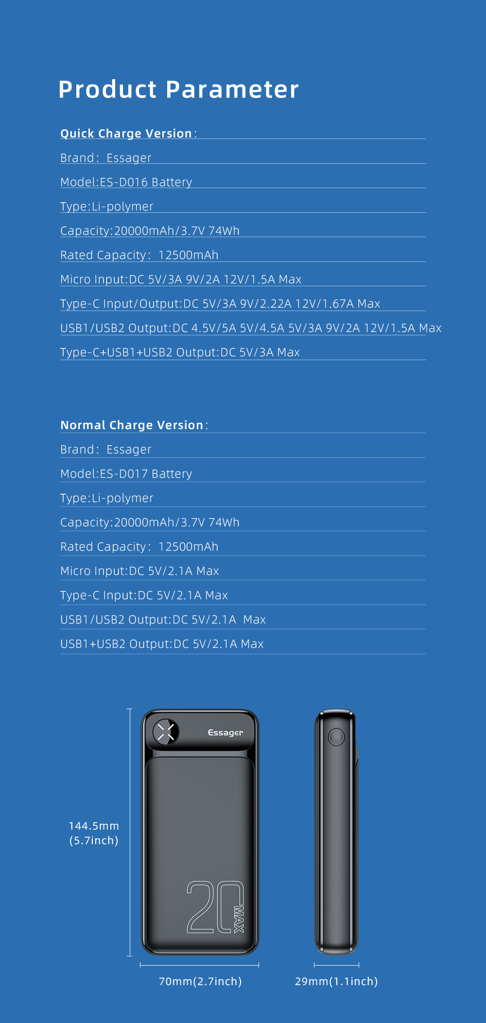 Quick Charge Mobile Power Bank Waterproof 20000mAh CE RoHS Certified