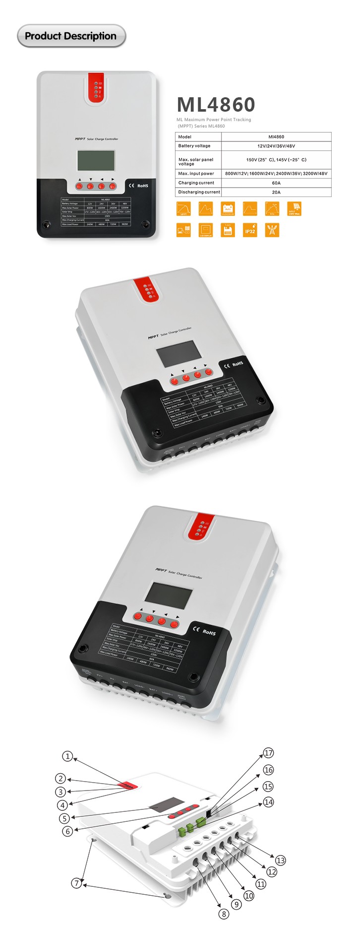 150V MPPT Smart Solar Controller Monitoring Control 48V 60A CE RoHS ISO9001