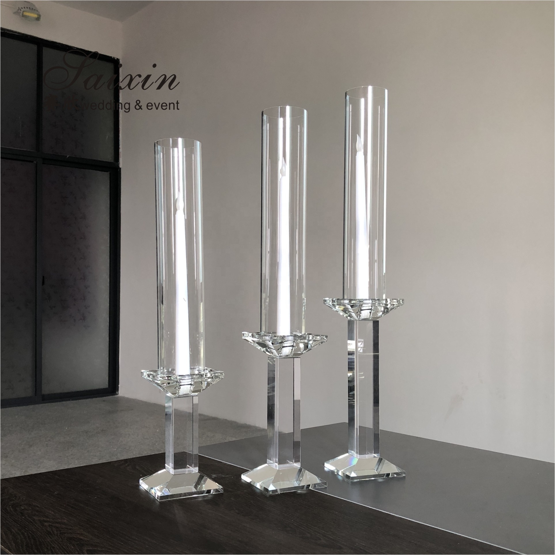 Clear Crystal Taper Wedding Candle Holder Wedding Table Decoration 3pcs Set 29CM