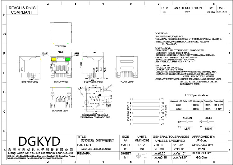 DGKYD561188AB1A5DY5 RJ45 Connector 56 Series Without Filter 8P8C Shielded