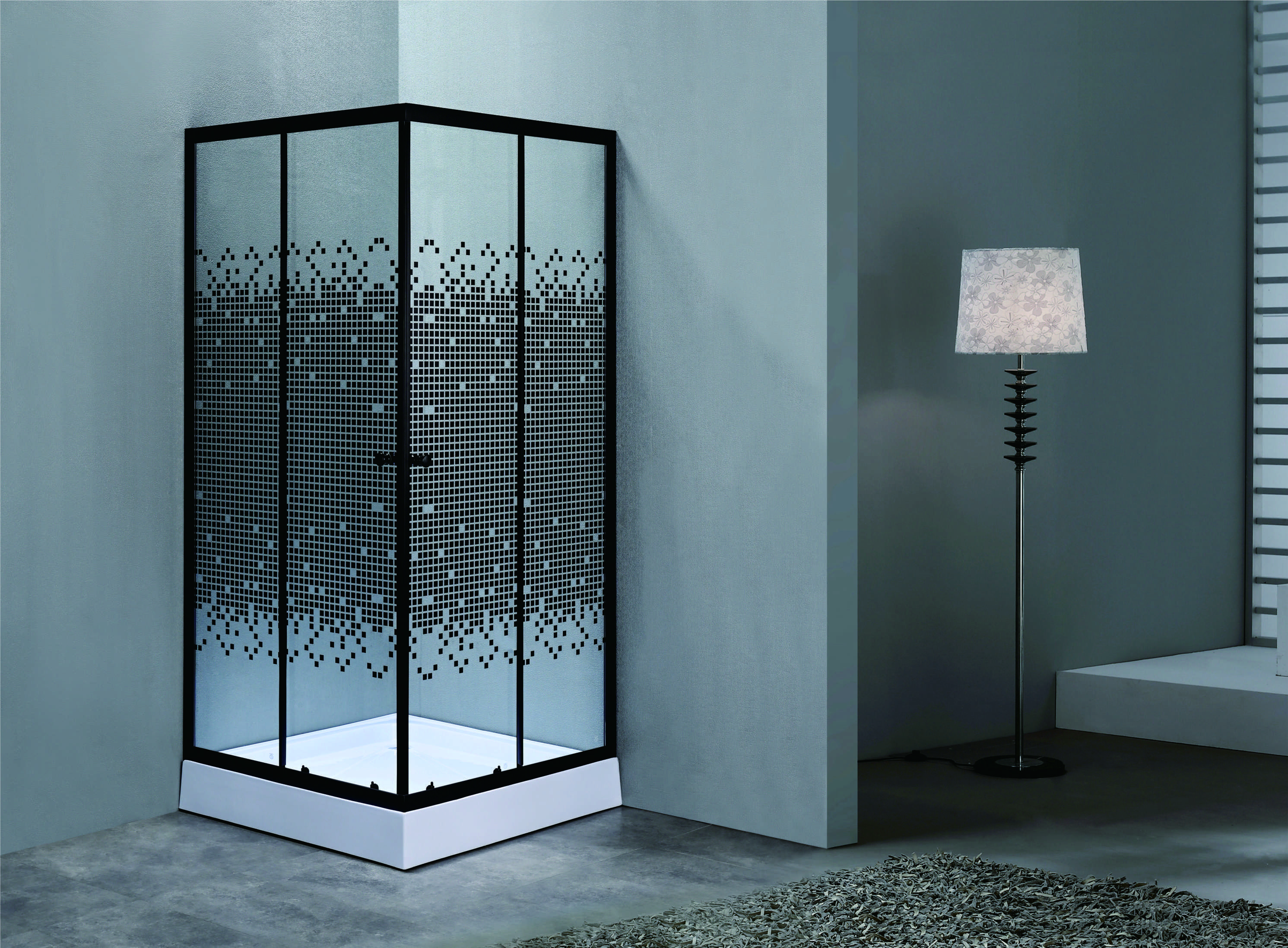 Stylish Square Shower Enclosures With Black mosaic patterned Glass For Modern