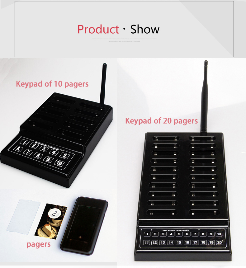 Long range 433Mhz free code 20 pagers wireless queue calling system for restaurant