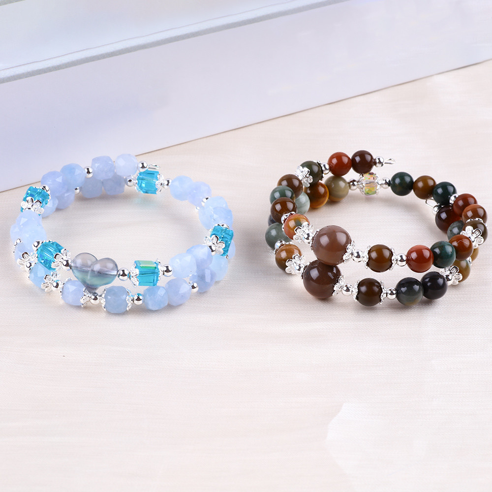Handmade Gemstone Beaded Bracelet Aquamarine Stone Bracelet Adjustable Heart Charms Bracelet For Party Daily Wearing