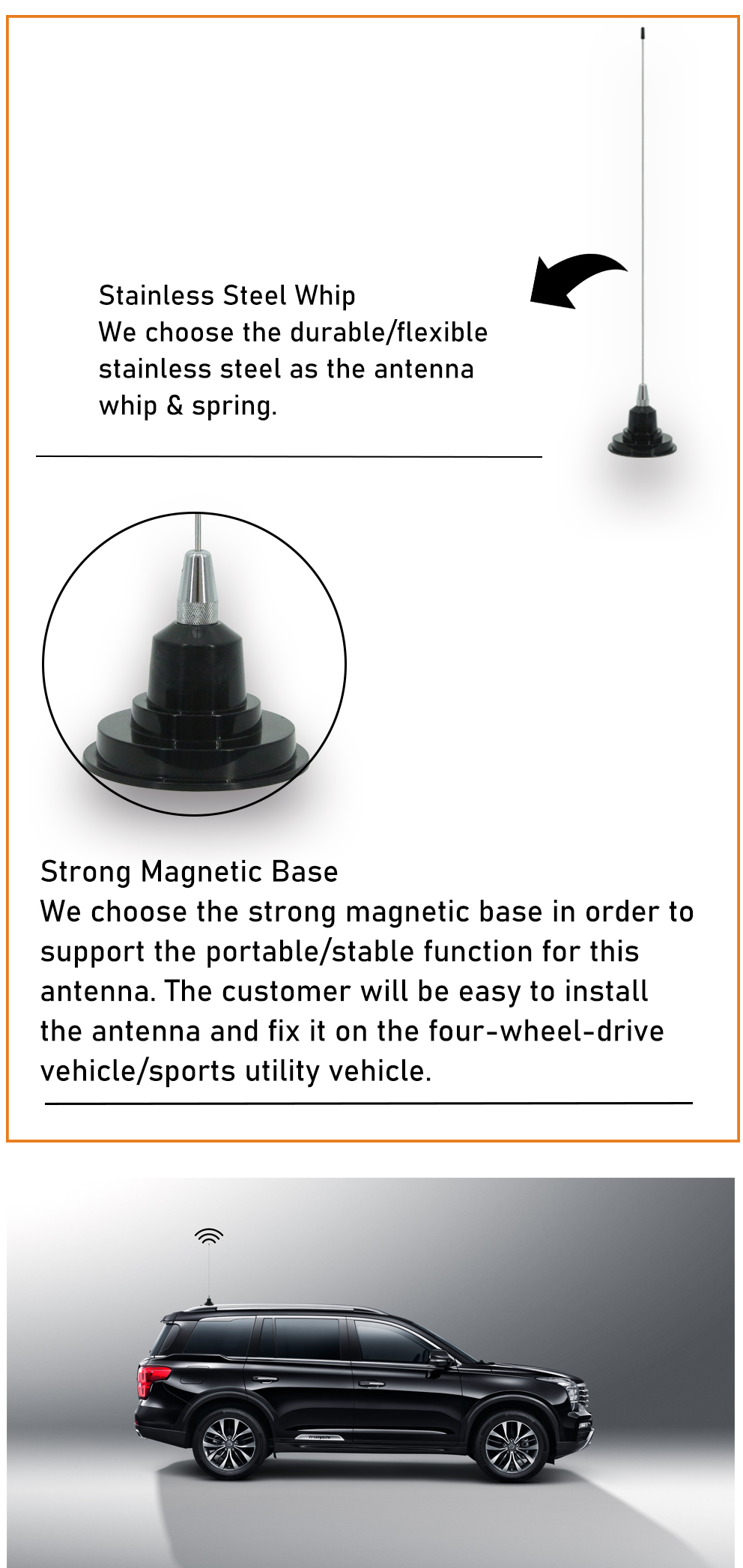 Baiao 1-2DBi Truck Cb Whip Antenna Magnetic Base Cb Antenna For Communication