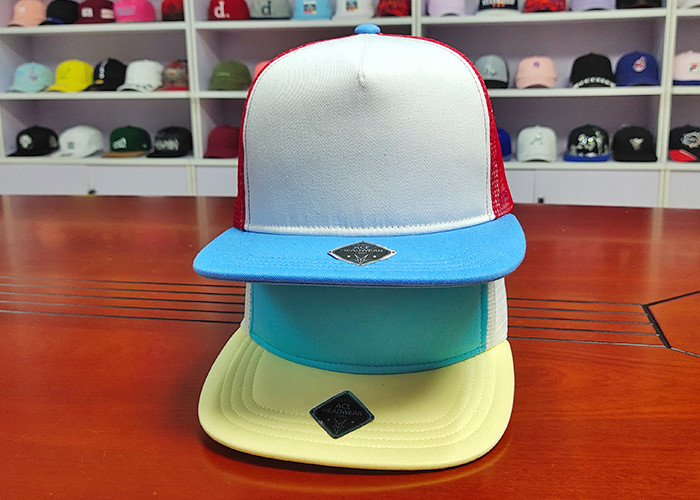 100% cotton twill white blue and red polyester mesh 5panel foam snapback hats caps