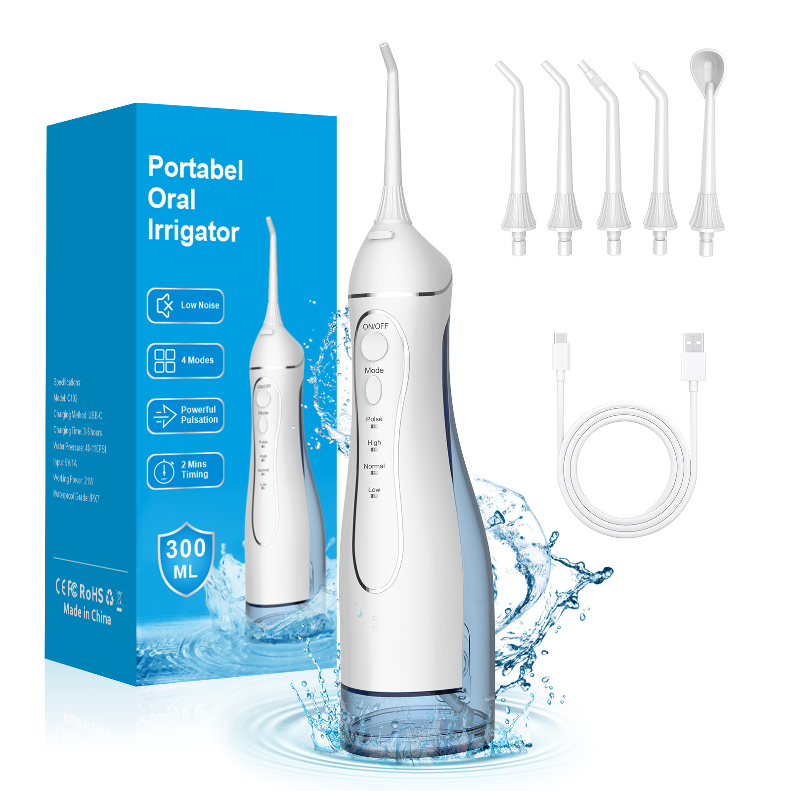 Electric Portable Oral Irrigator Cordless Dental Water Flosser 300ml Ipx7 Mini Teeth Cleaning