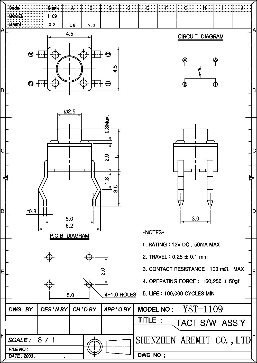 DIP Tact Switch YST-1109