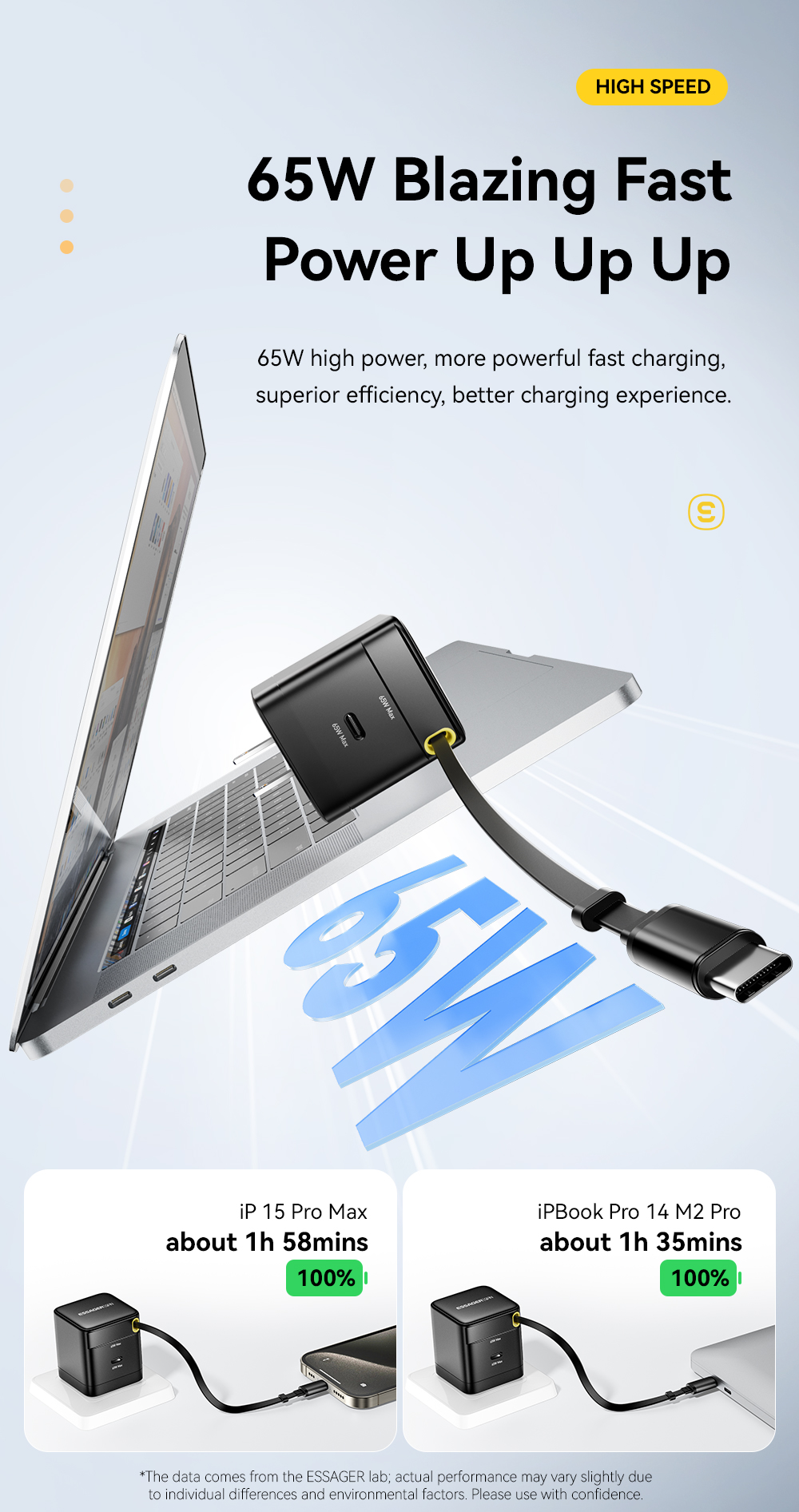 ESSAGER G652CU Series 65W Built-In USB-C Cable GaN USB-C Charger