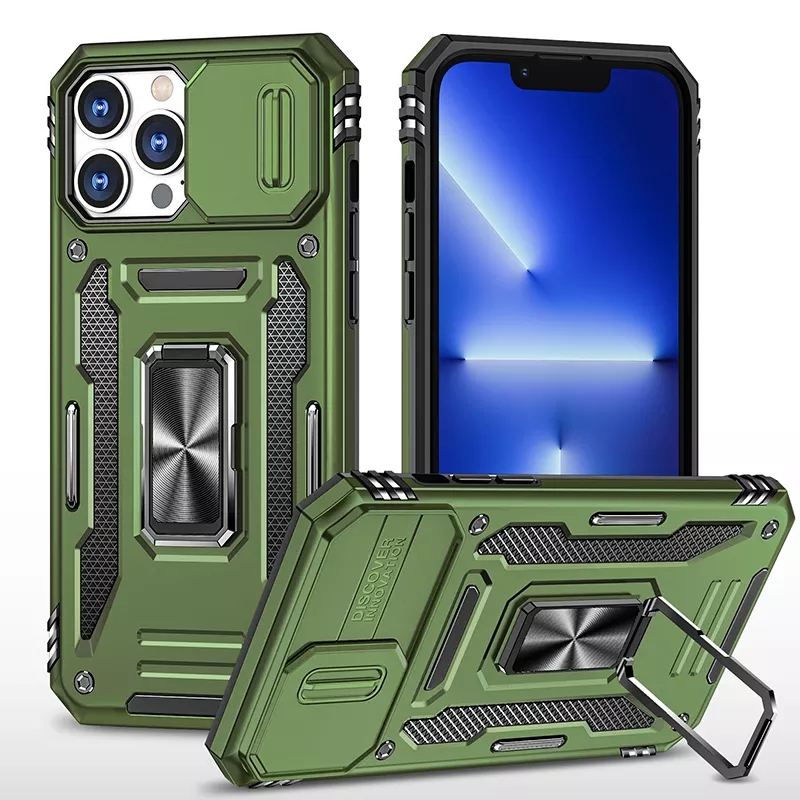 Kickstand Slide Camera Antishock Phone Back Cover For Iphone 13 14 Pro Max Phone Case With Ring Holder Lens Cover