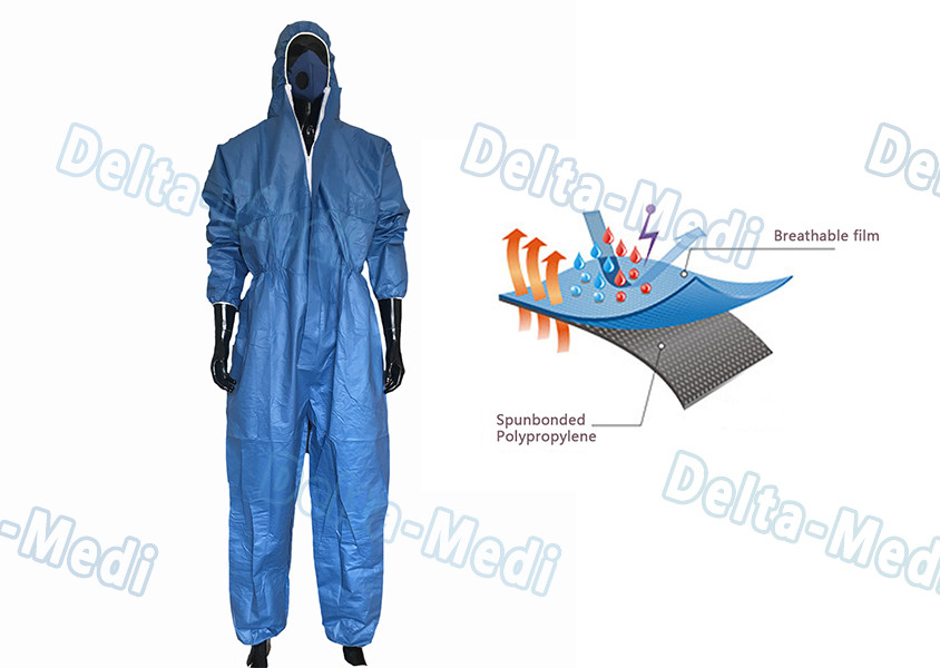 Dark Blue SF Microporous Disposable Protective Coveralls Hooded With Elastic Cuff