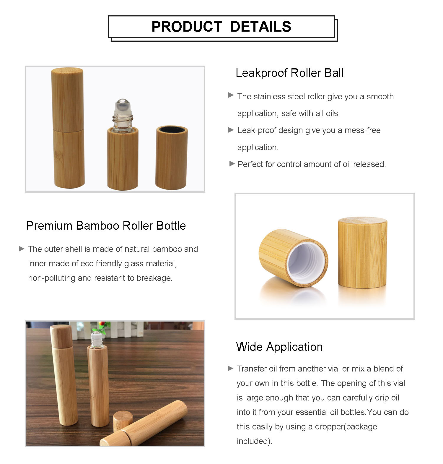 10ml Bamboo Cosmetic Packaging Roll On Glass Bottle With Roller Ball