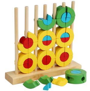China Preschool Interactive Montessori Educational Toy BPA Free Rattles Teether 3D Wooden Rainbow Blocking Rings wholesale