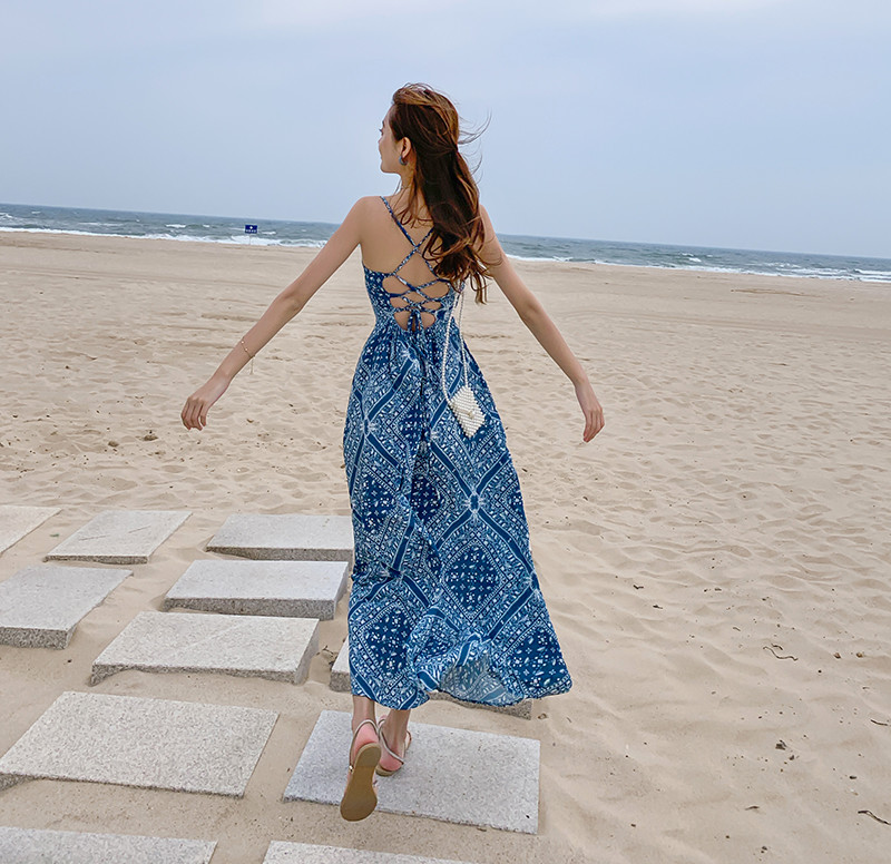 Blue Back Tie Halter Strap 104cm Bohemian Beach Dress