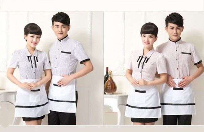 Casual Restaurant Staff Uniform , Short Sleeve Stripe Restaurant Work Shirts