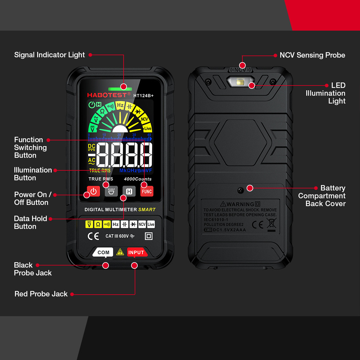 HT124 Digital Multimeter 4000 Counts Auto Range Voltage Tester Ohm Hz Capacitance True RMS AC DC DMM Multitester