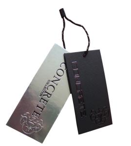 China Recycled Silver Paper Swing Tags Luxury Clothing Hangtag Emboss Black Foil Logo wholesale