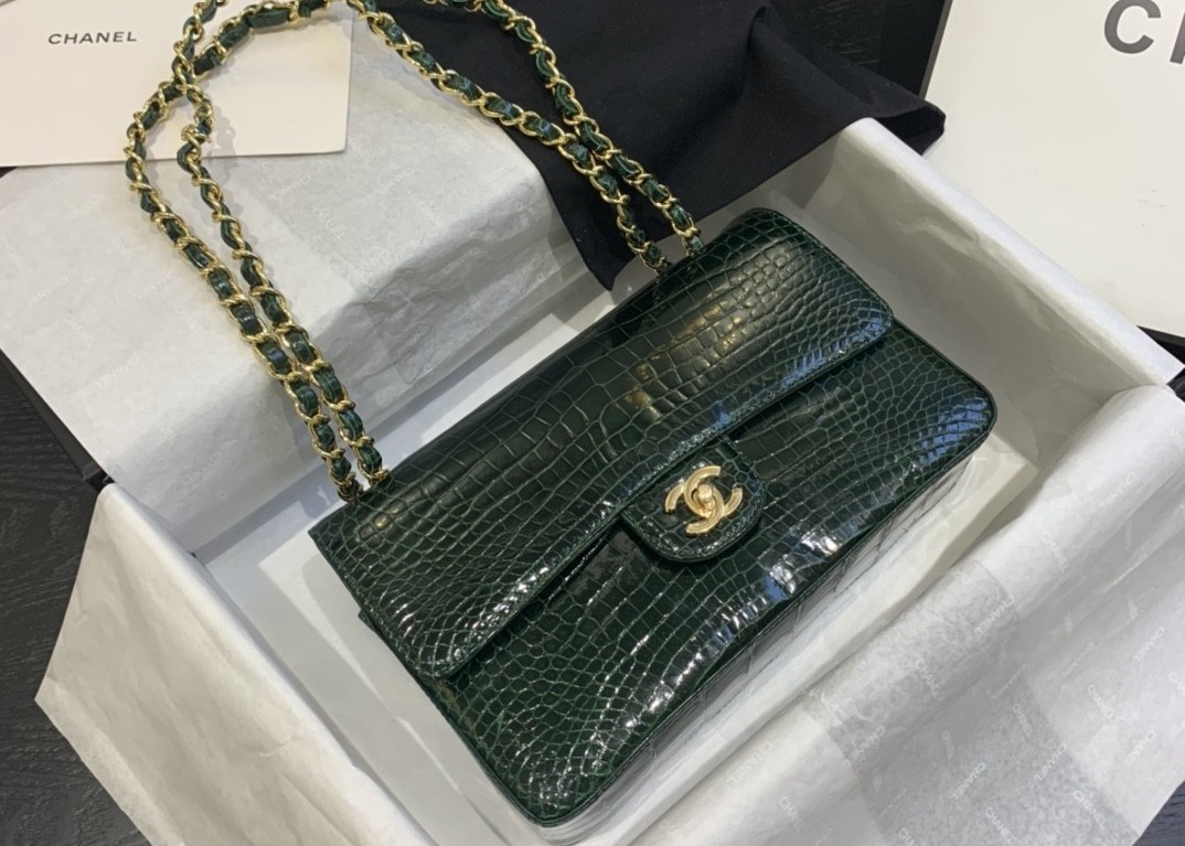 Classic Style Green Croc Crossbody Bag , 25.5cm Crocodile Skin Shoulder Bag
